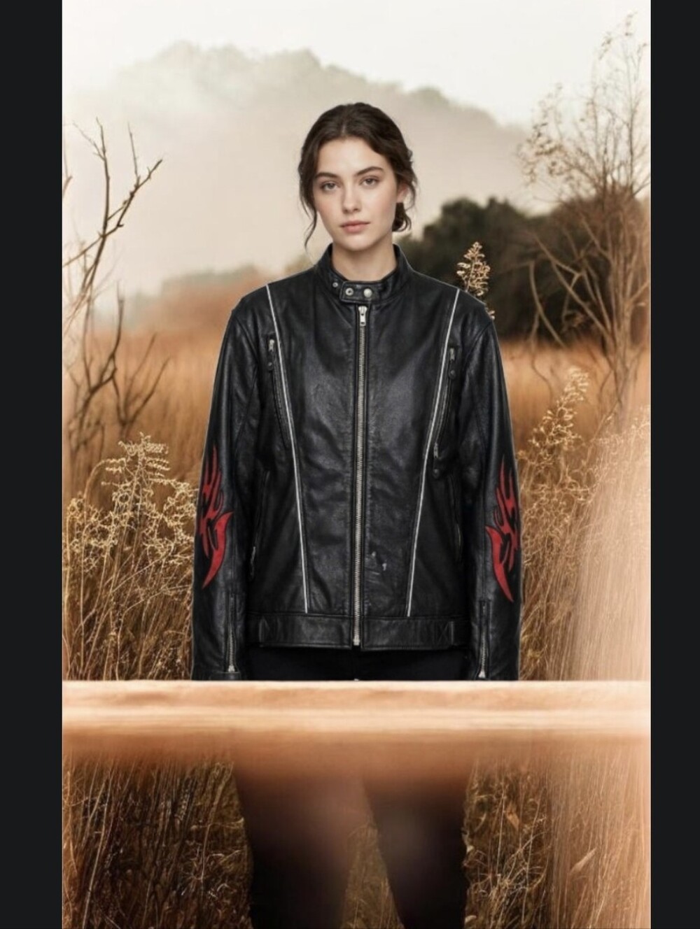 Black Leather Moto Jacket with Red Flame Sleeves
